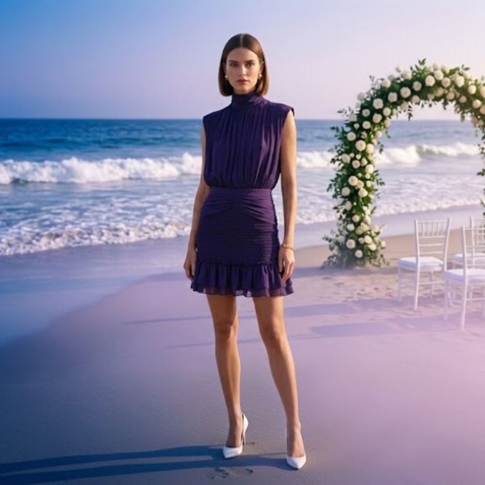 Olivaceous Deep Purple Pleated Ruffle Hem Mini Dress